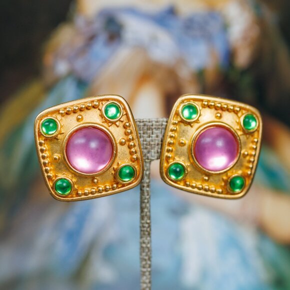 Vintage Leslie Block Earrings with Purple and Green Accents - Picture 1 of 6